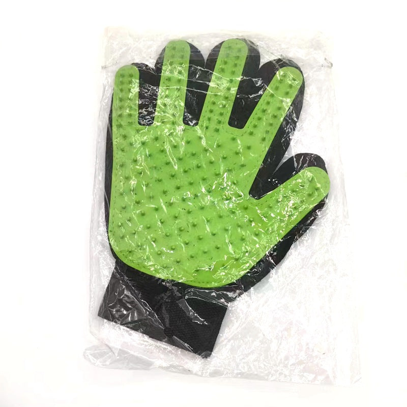 Green right-hand silicone pet grooming glove product view.