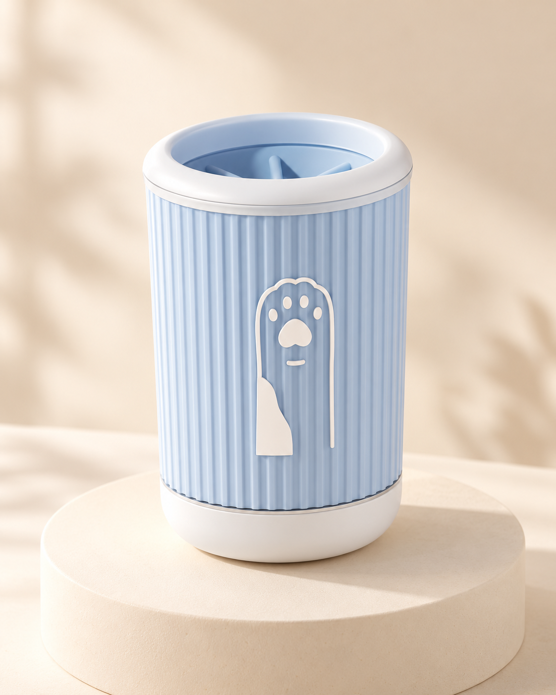 Blue pet paw cleaning cup on a cream pedestal