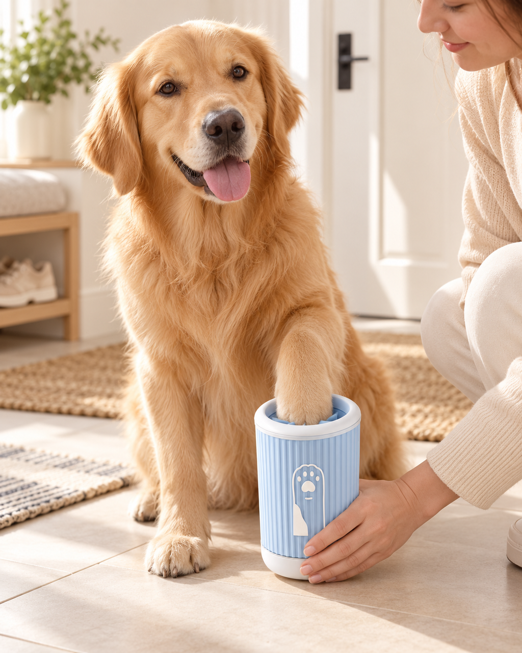 Golden retriever using a blue pet paw cleaning cup