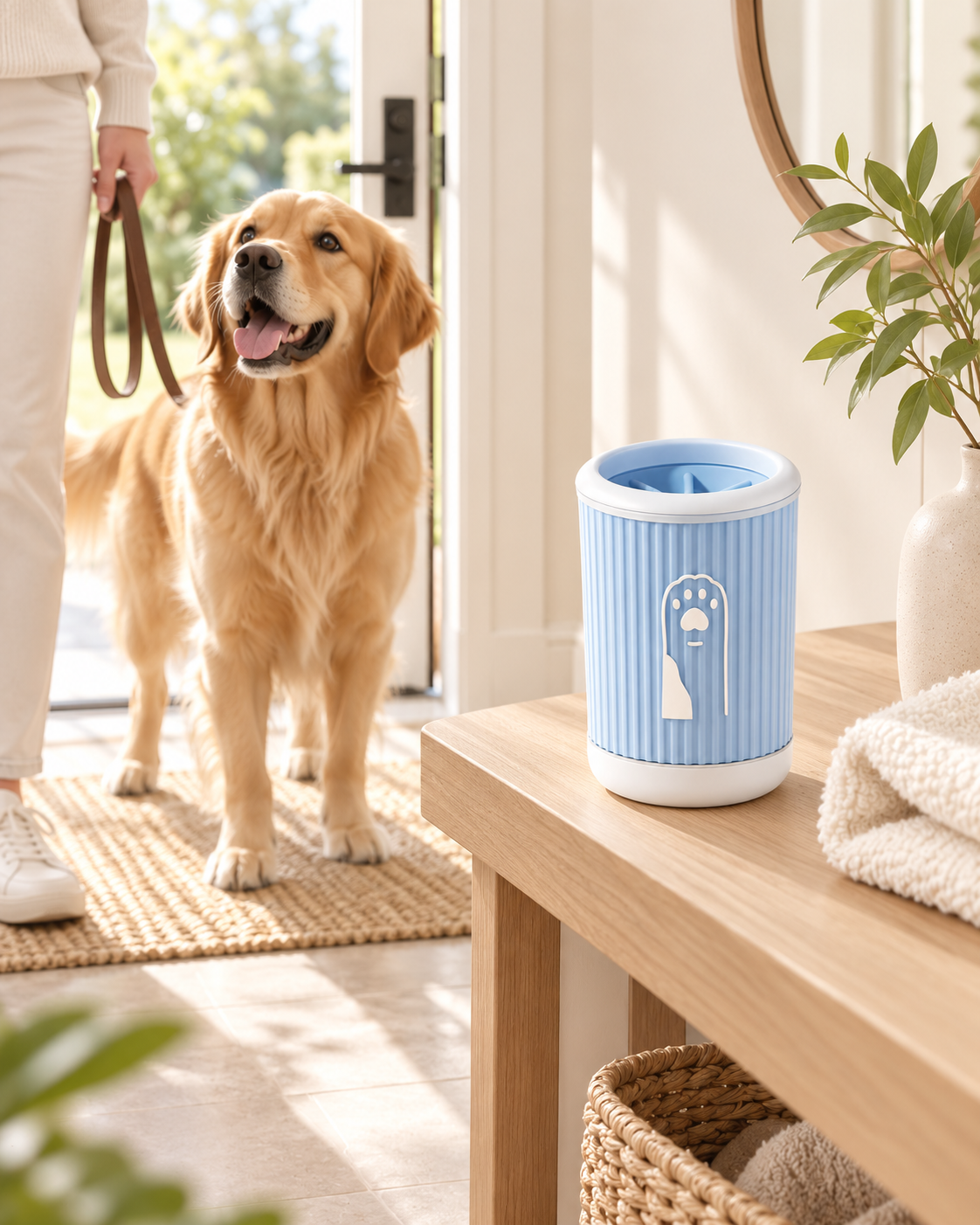Golden retriever near a blue pet paw cleaning cup in a warm entryway