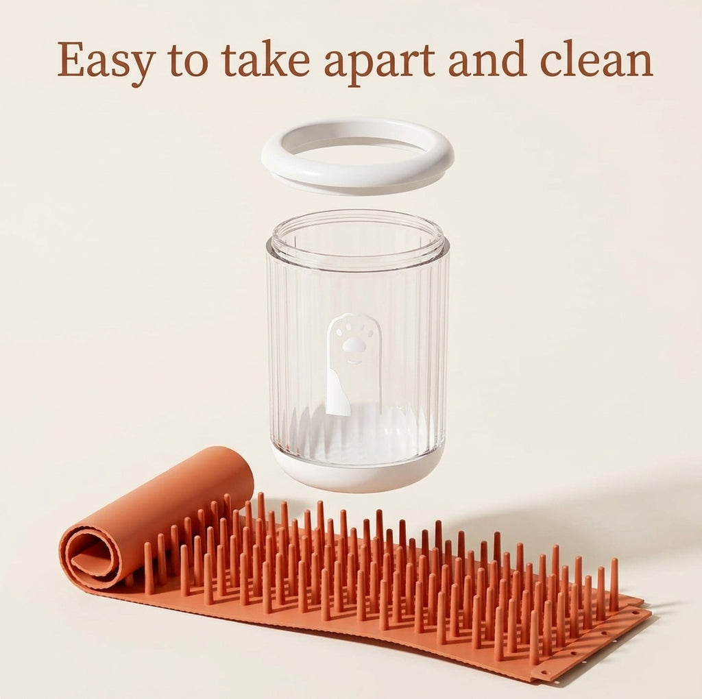 Pet paw cleaning cup shown taken apart for easy cleaning