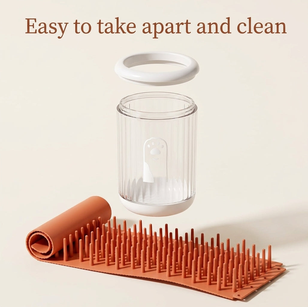 Pet paw cleaning cup shown taken apart for easy cleaning