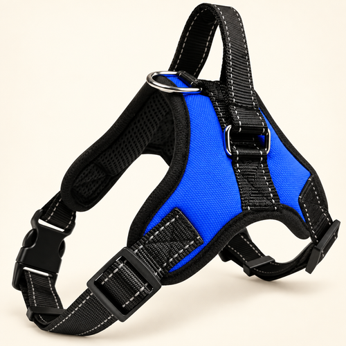 Blue and black breathable dog harness on a warm ivory background.