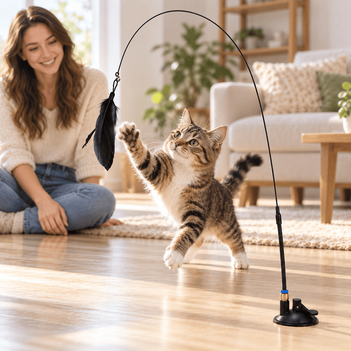 Tabby kitten chasing a black feather on a suction-base toy