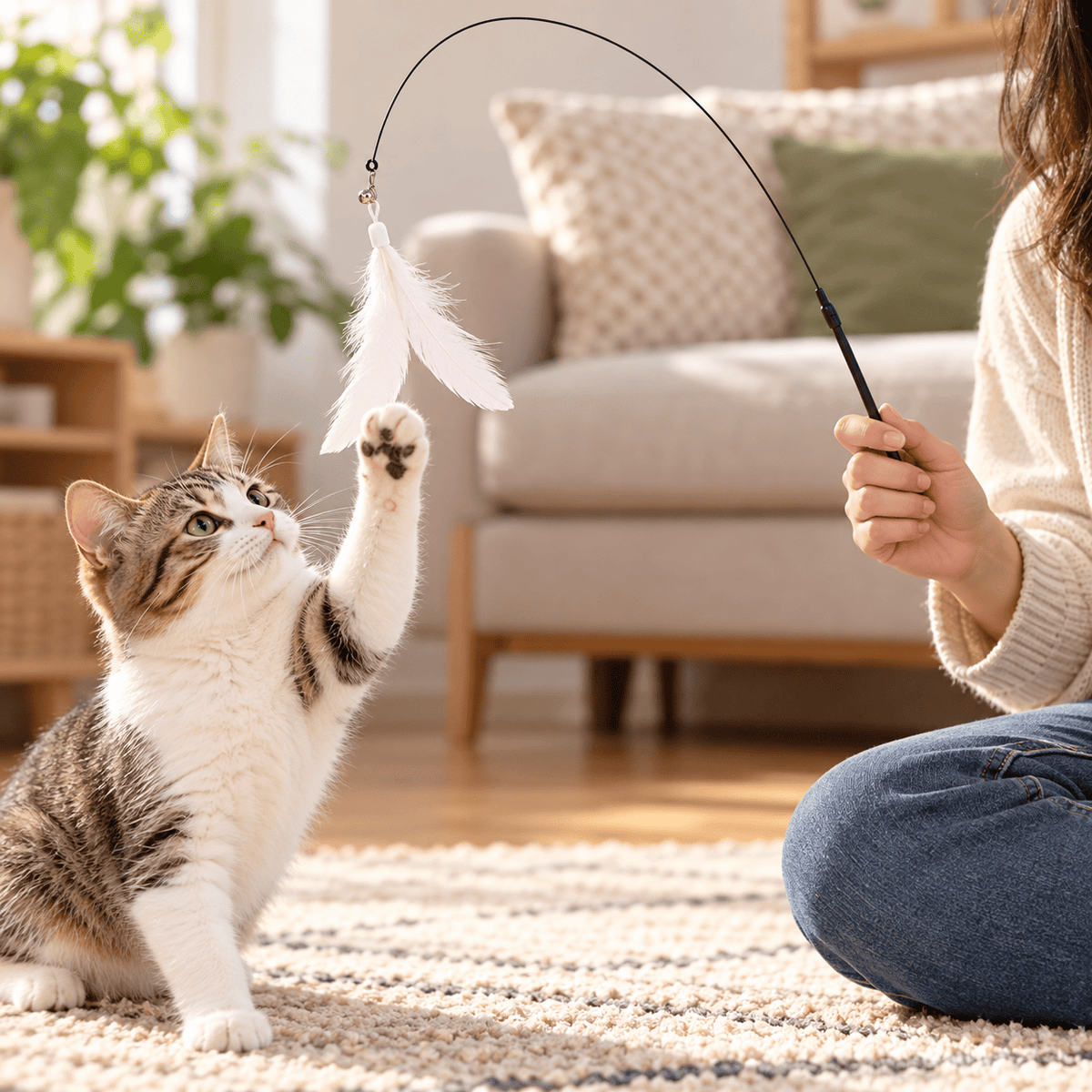 Owner playing with a tabby kitten using a handheld white feather wand