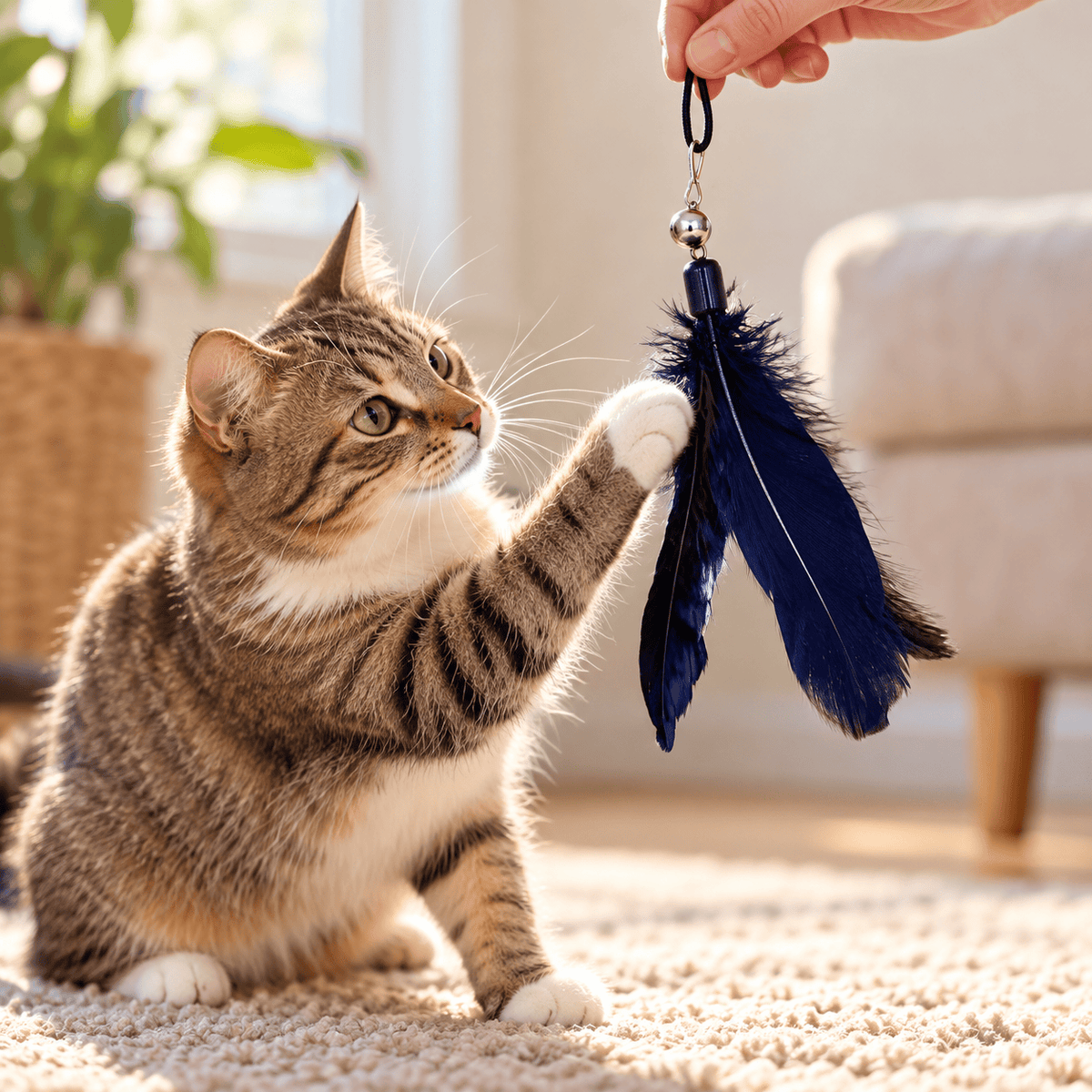 Tabby cat touching a navy feather attachment with a bell
