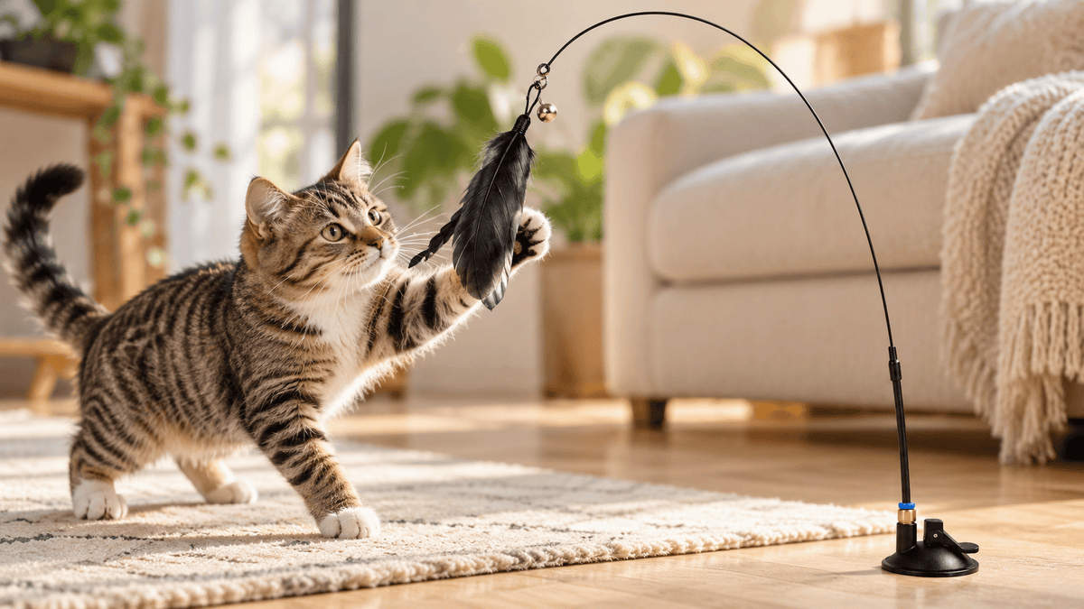 Tabby kitten batting a feather on a curved suction-base wand