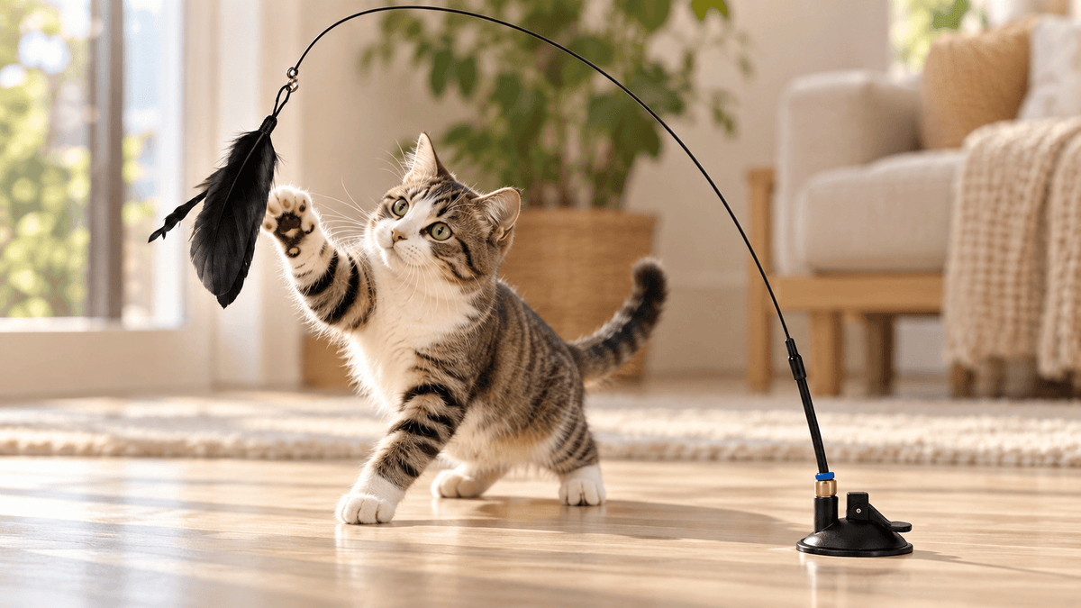 Tabby kitten reaching for a black feather and bell toy