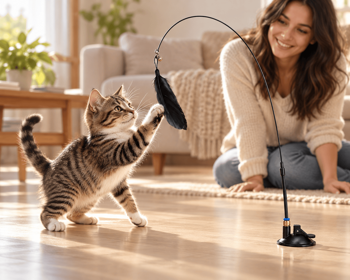Tabby kitten playing with a suction-base feather toy beside its owner