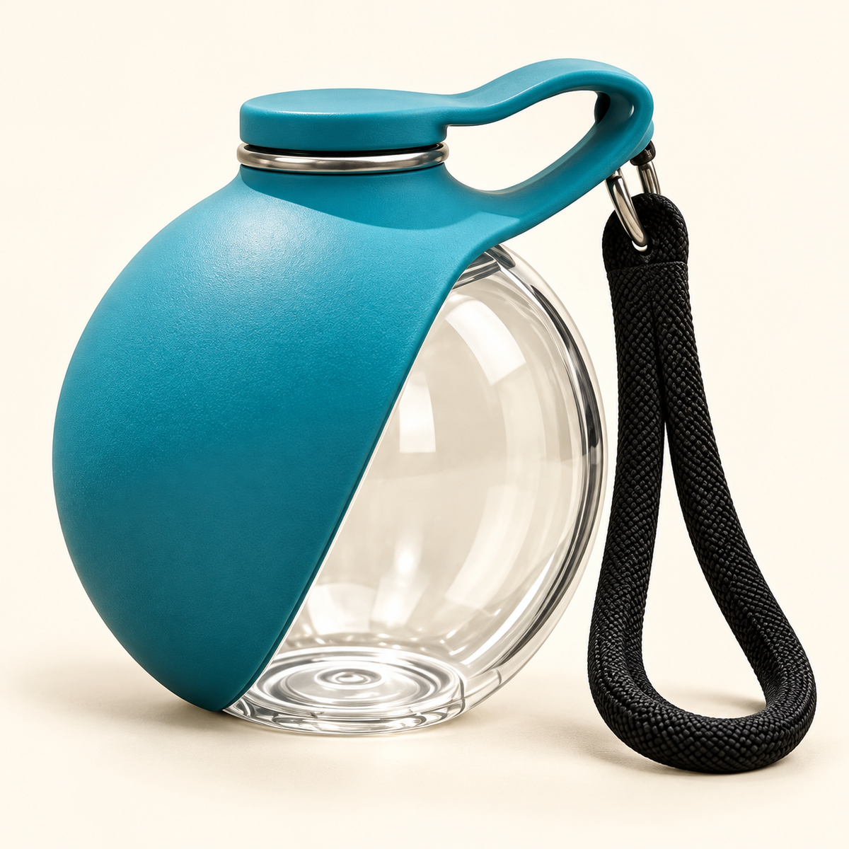 Blue portable dog water container with clear reservoir, silicone sleeve, carry loop, and black wrist strap.