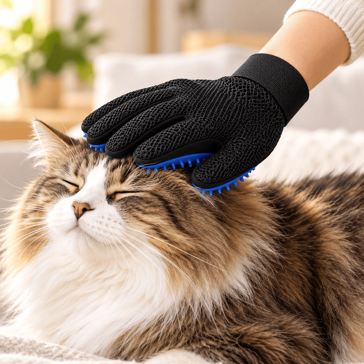 Relaxed cat enjoying gentle grooming with the silicone glove