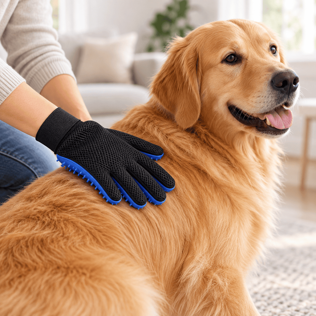Golden retriever being brushed with the black and blue grooming glove