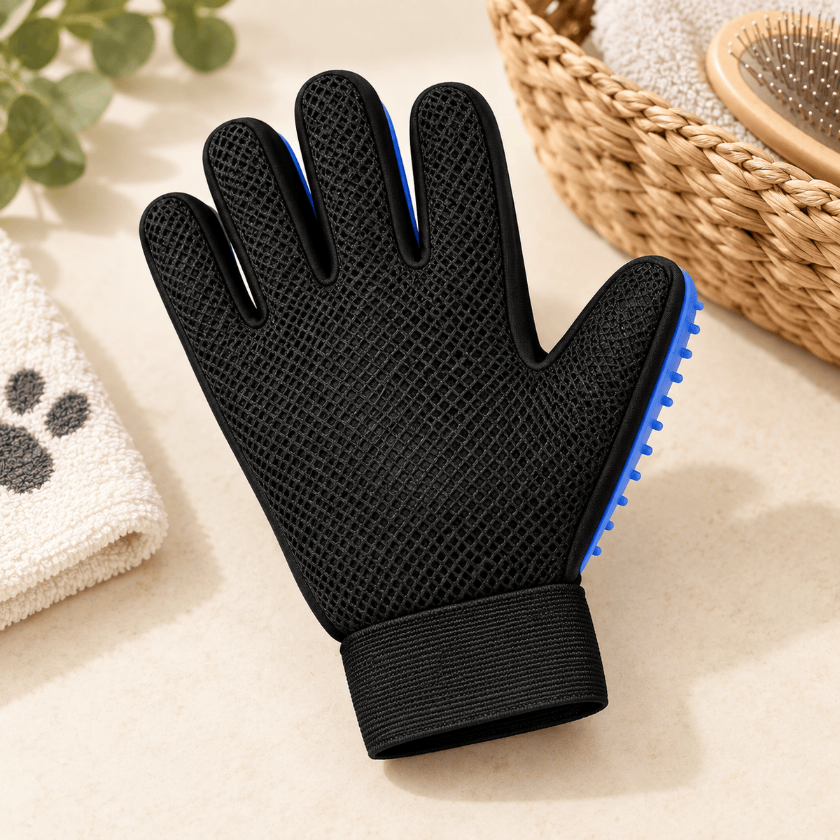 Black mesh grooming glove beside a grooming basket and towel
