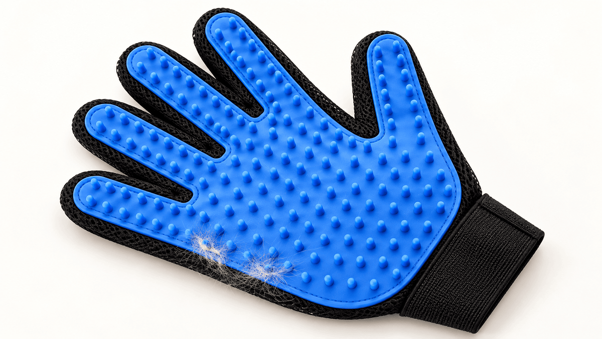 Blue silicone palm of the grooming glove with collected loose pet hair