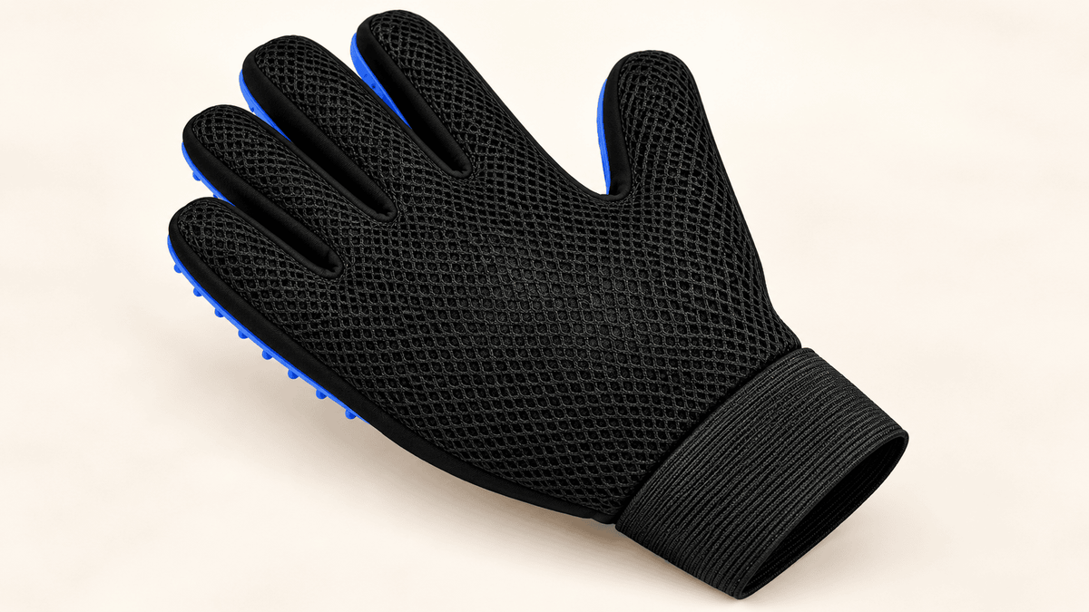Breathable black mesh back and wrist cuff of the silicone grooming glove