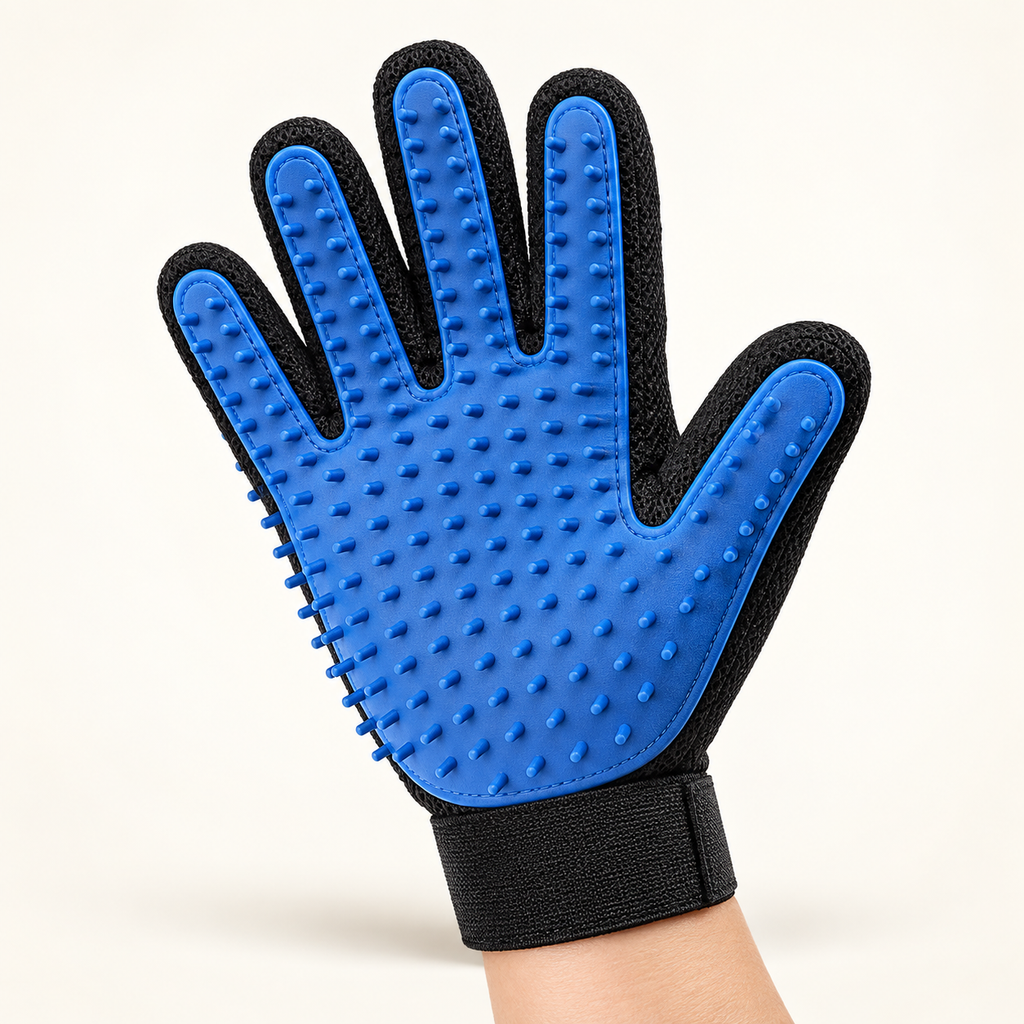 Blue silicone pet grooming glove with short palm bristles and adjustable black wrist closure on a warm ivory background.