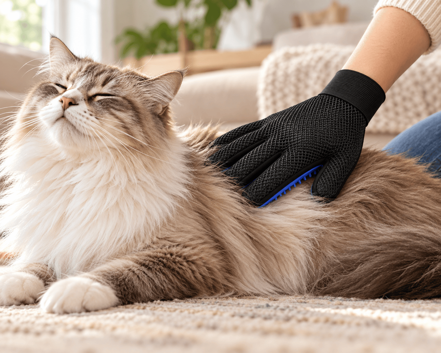 Cat being groomed with a black and blue silicone grooming glove at home