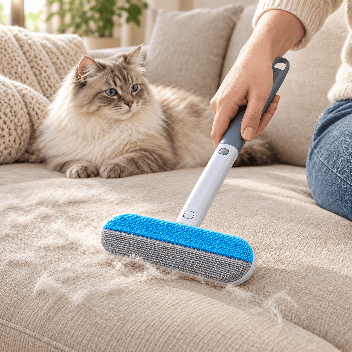 Short-handle pet hair removal brush collecting loose fur from a sofa