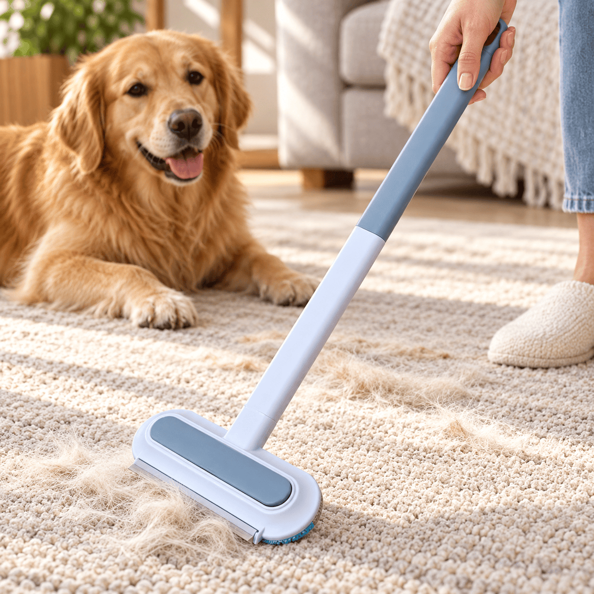 Long-handle pet hair removal brush cleaning a rug beside a golden retriever