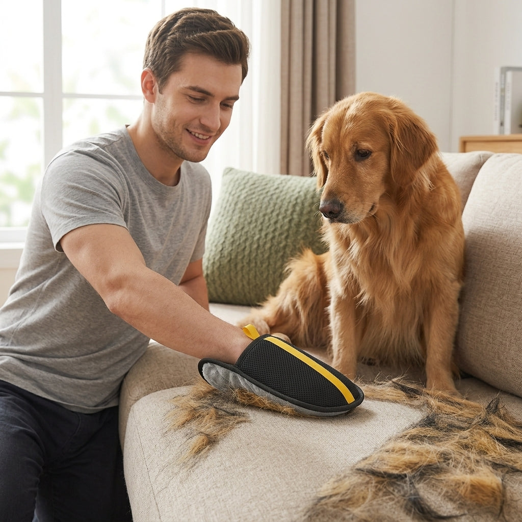 Hair removal mitt cleaning a sofa beside its owner and dog