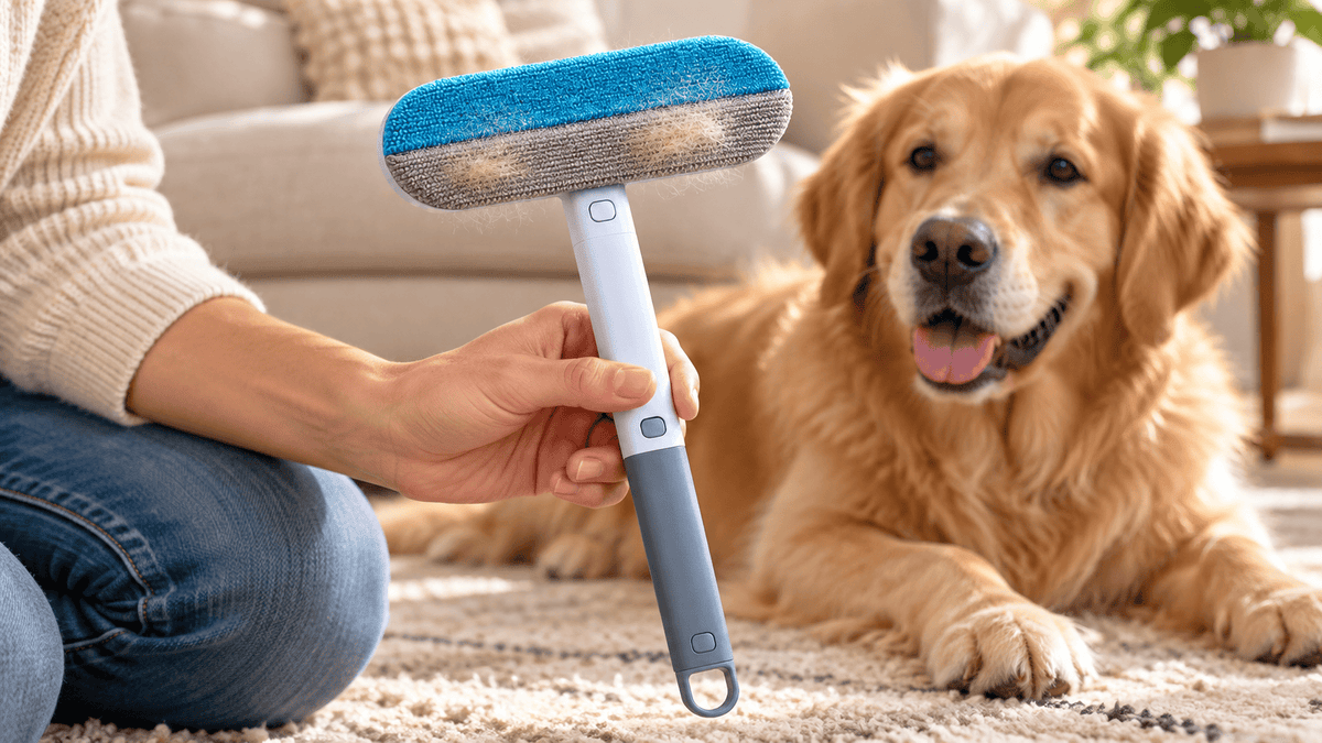 Pet hair removal brush held up with collected fur beside a golden retriever