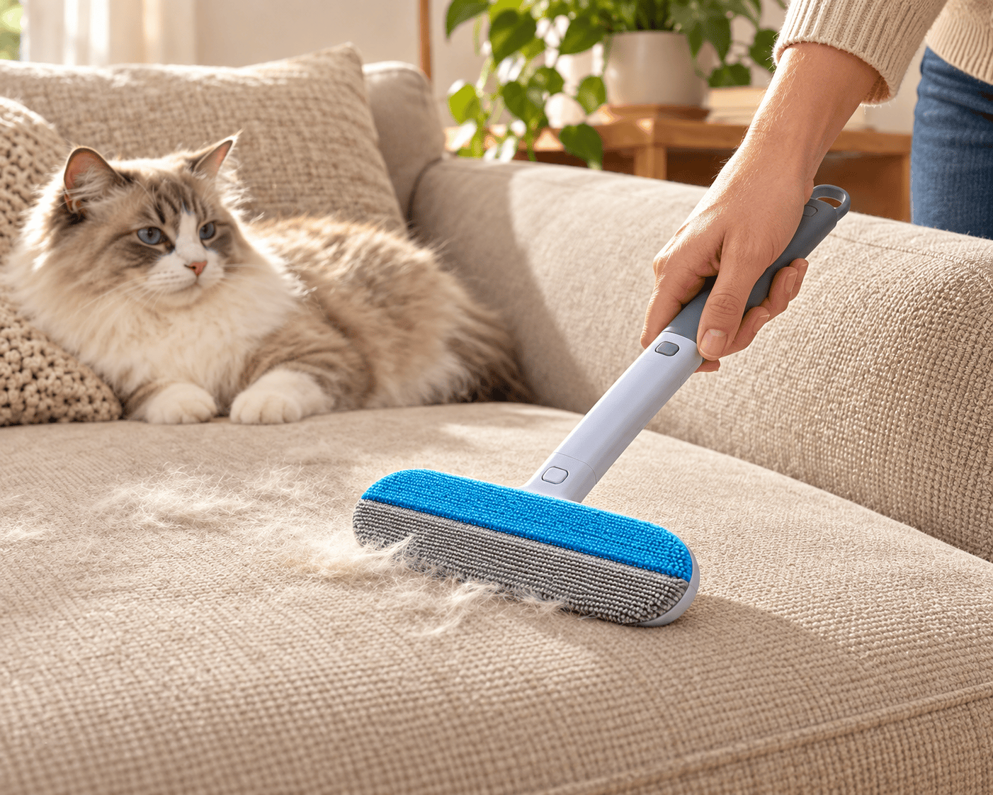 Pet hair removal brush cleaning a beige sofa beside a cat