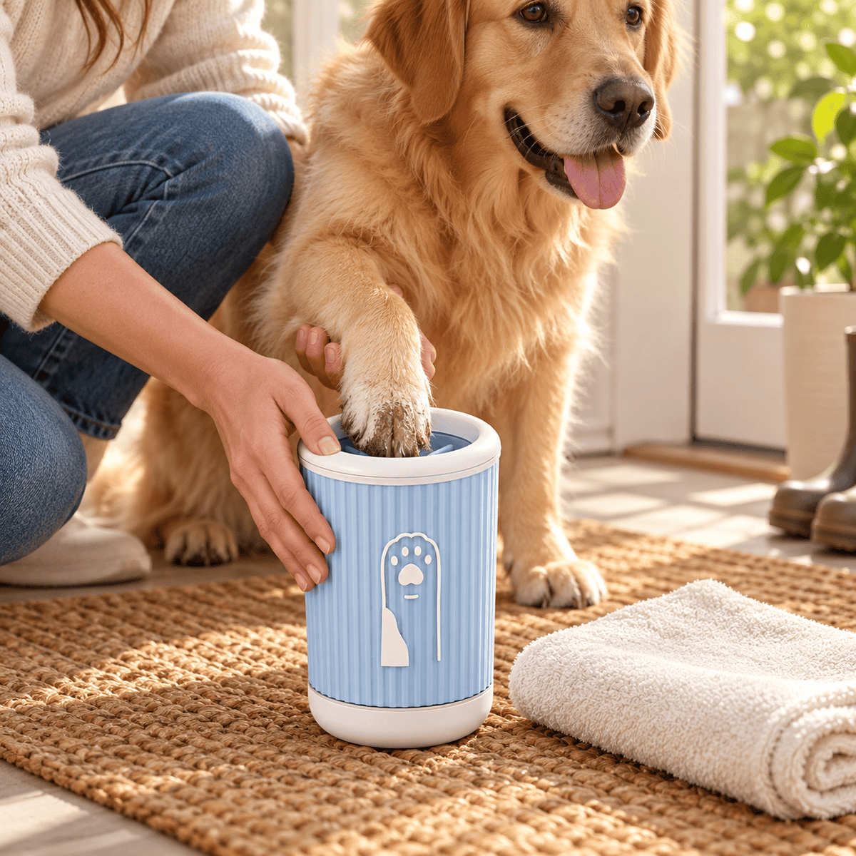 Muddy dog paw being cleaned in the blue manual paw cleaning cup