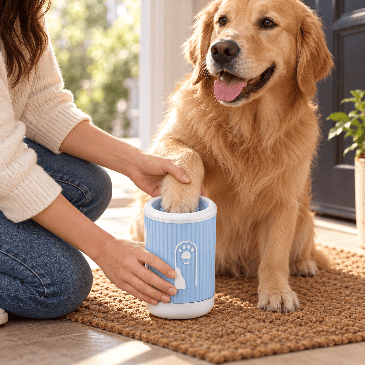 Owner guiding a golden retriever's paw into the blue manual cleaning cup