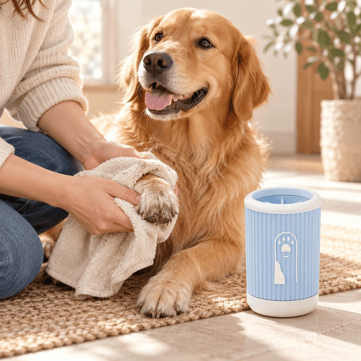 Owner drying a dog's paw with a towel beside the blue paw cleaning cup