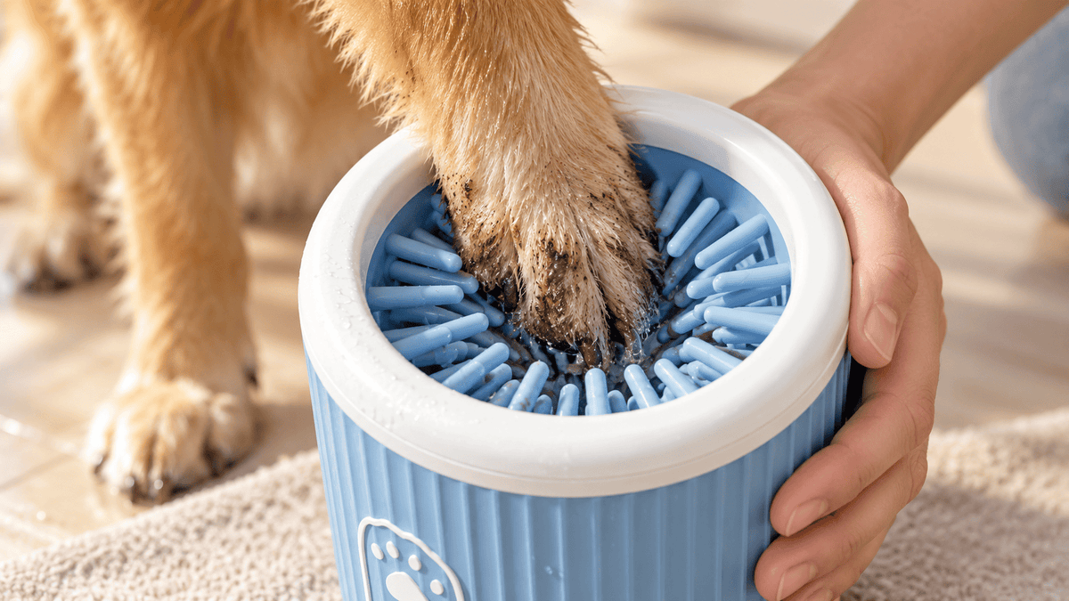 Close-up of soft blue silicone bristles surrounding a muddy dog paw