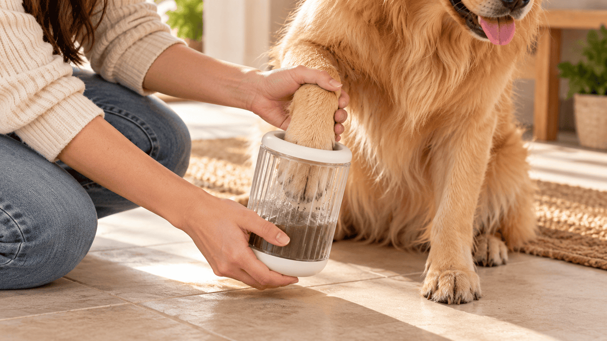 Clear manual paw cleaning cup containing muddy water while cleaning a dog's paw