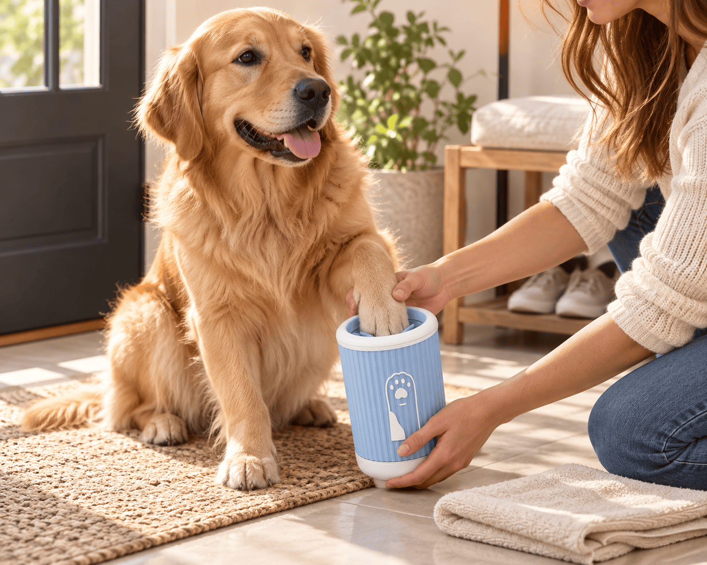 Golden retriever using a blue manual paw cleaning cup beside its owner at home