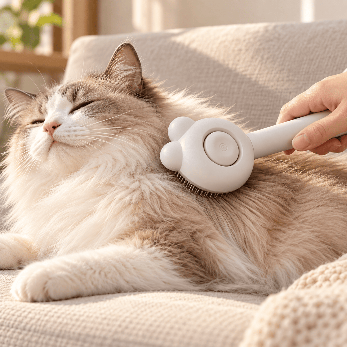 Relaxed cat being groomed with the white massage deshedding comb
