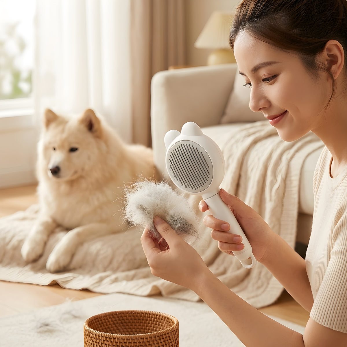 Woman showing collected dog fur beside the white massage deshedding comb