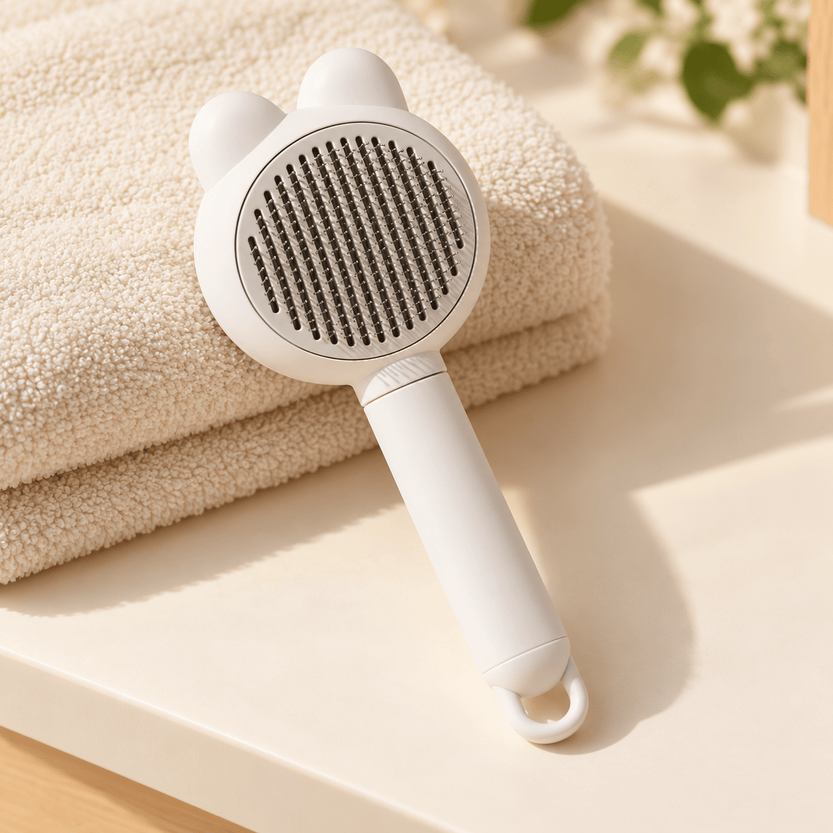 White massage deshedding comb resting beside folded grooming towels