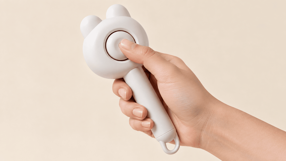 Hand holding the white massage deshedding comb and pressing its back button