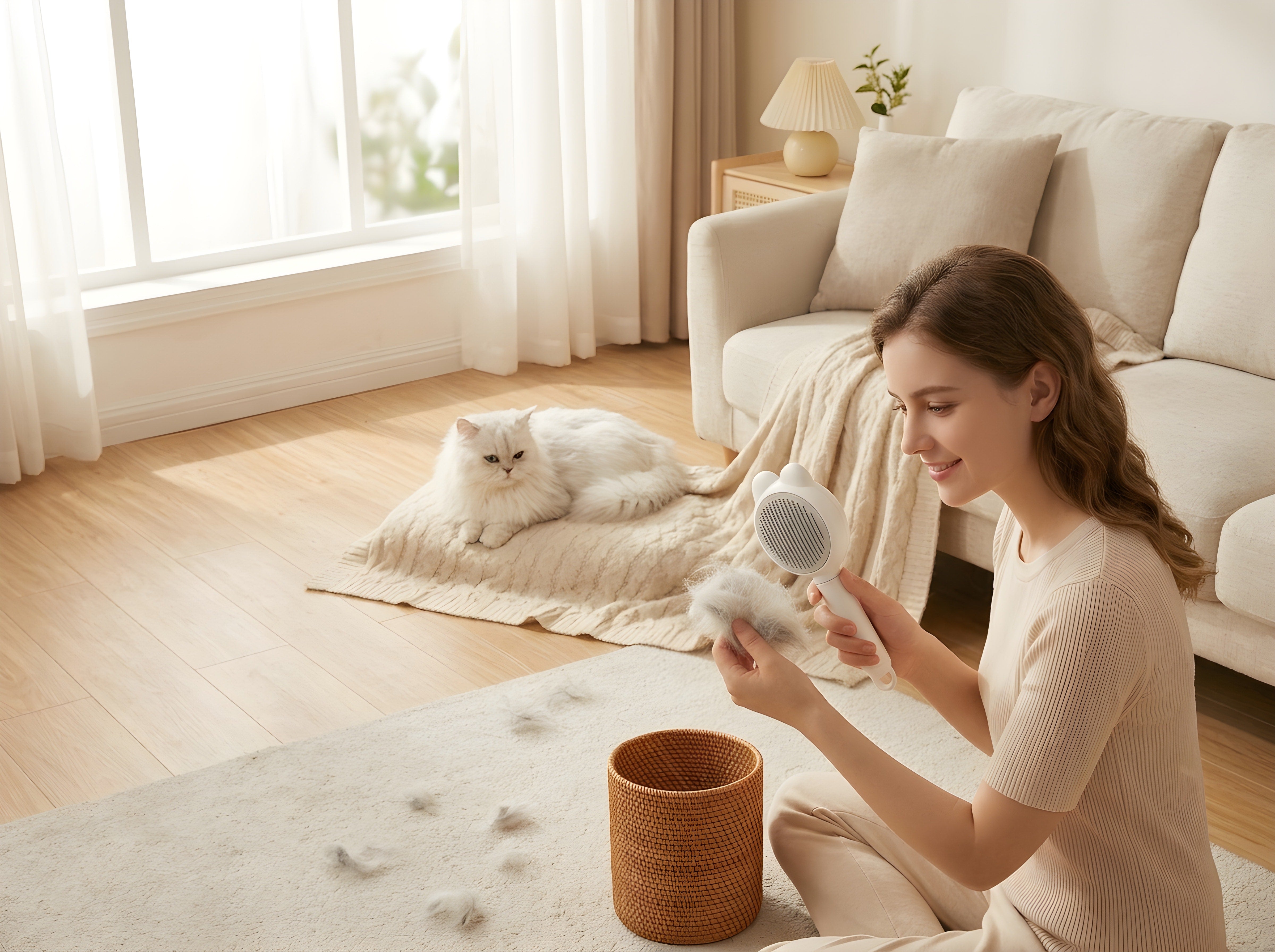 Woman holding removed cat fur and the white massage deshedding comb at home