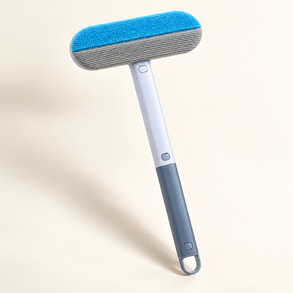 Blue and gray pet hair removal brush on a warm ivory background.