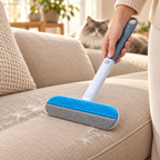 Blue and gray pet hair removal brush collecting loose cat hair from a sofa.