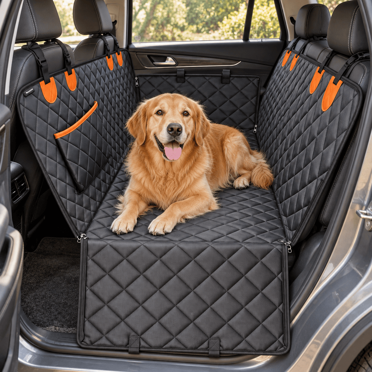 Golden retriever ready for a trip on the quilted car seat mat