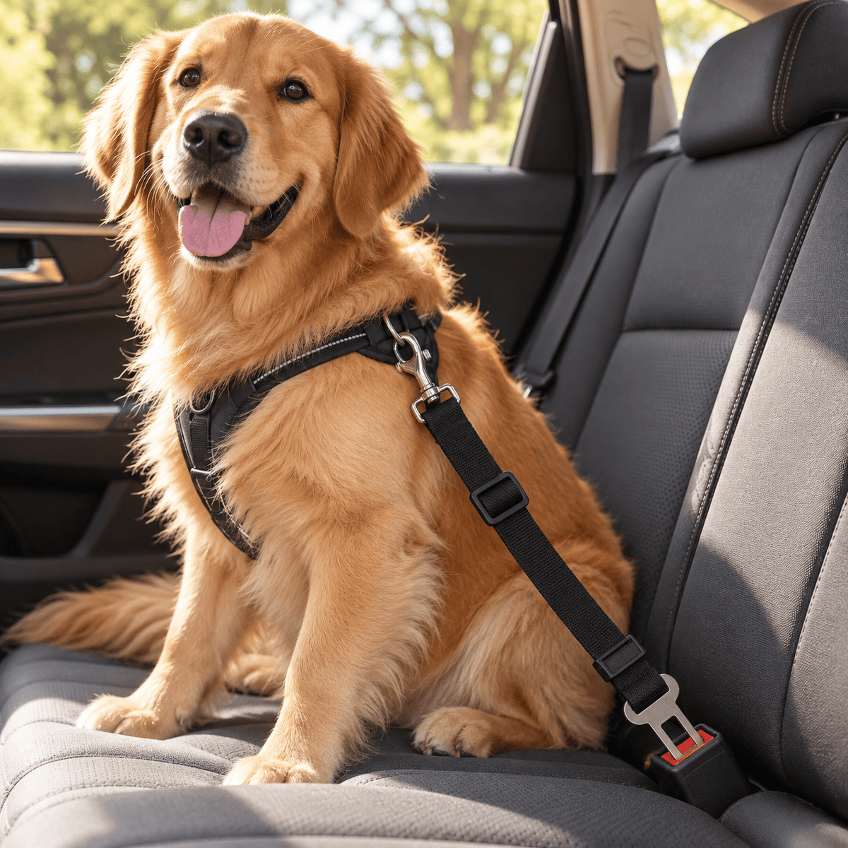Golden retriever wearing a harness with a separate car seat tether