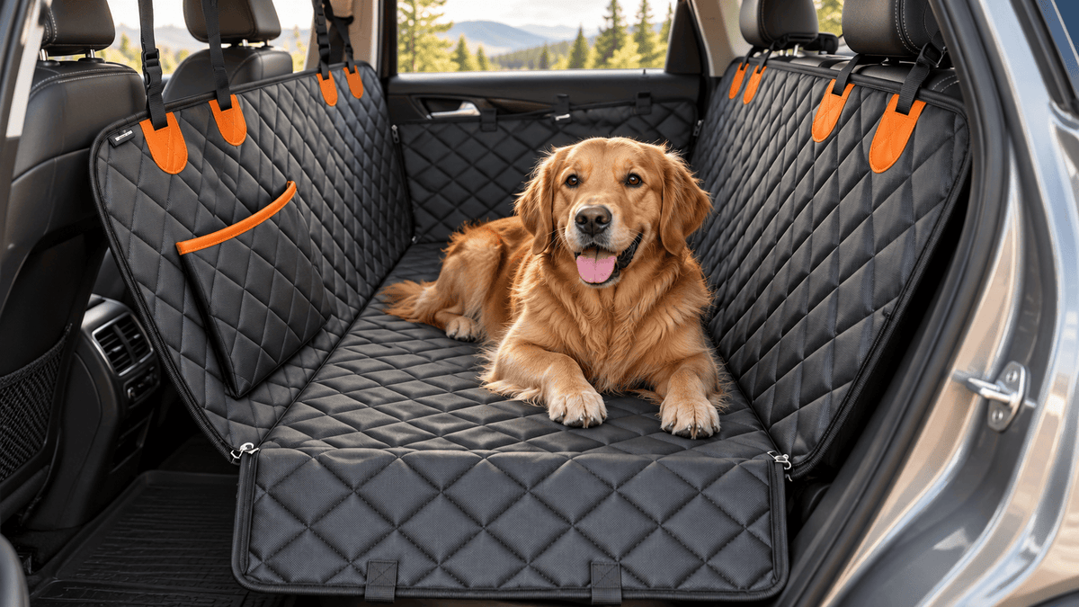 Wide view of the quilted Oxford mat covering the rear car seat