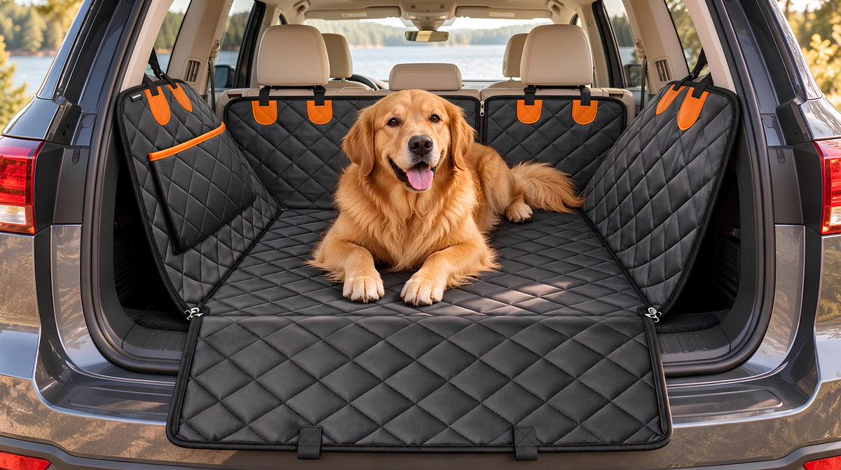 Golden retriever on the quilted Oxford mat in an open SUV cargo area