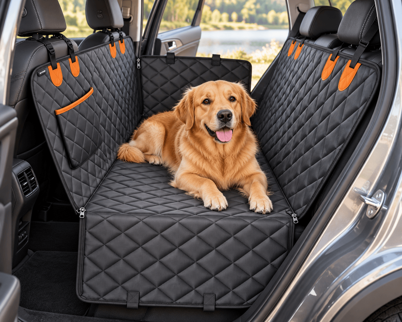 Golden retriever resting on the quilted Oxford car seat mat in a rear seat