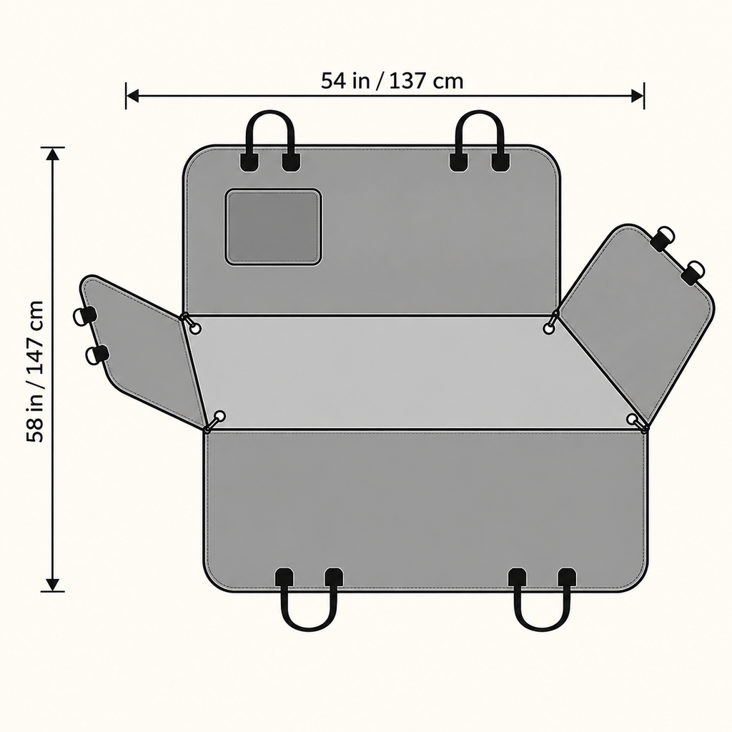 Dog car seat hammock size guide showing approximately 54 by 58 inches, or 137 by 147 cm.