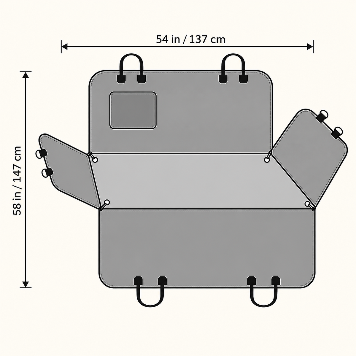 Dog car seat hammock size guide showing approximately 54 by 58 inches, or 137 by 147 cm.