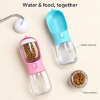 Pink bottle with food container fitted and sky blue bottle with open drinking trough, alongside the detached food container and cap.