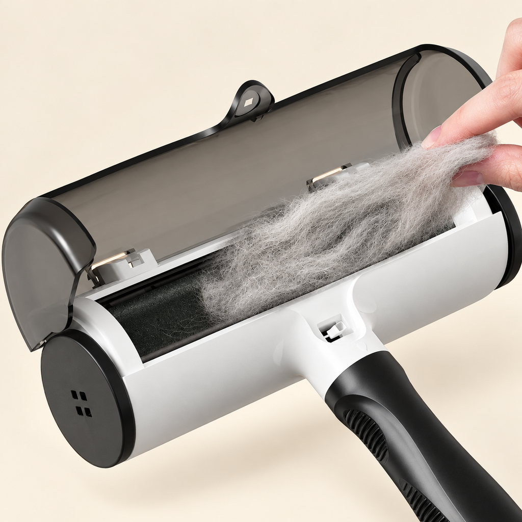 Open reusable pet hair roller compartment showing collected loose fur being removed.