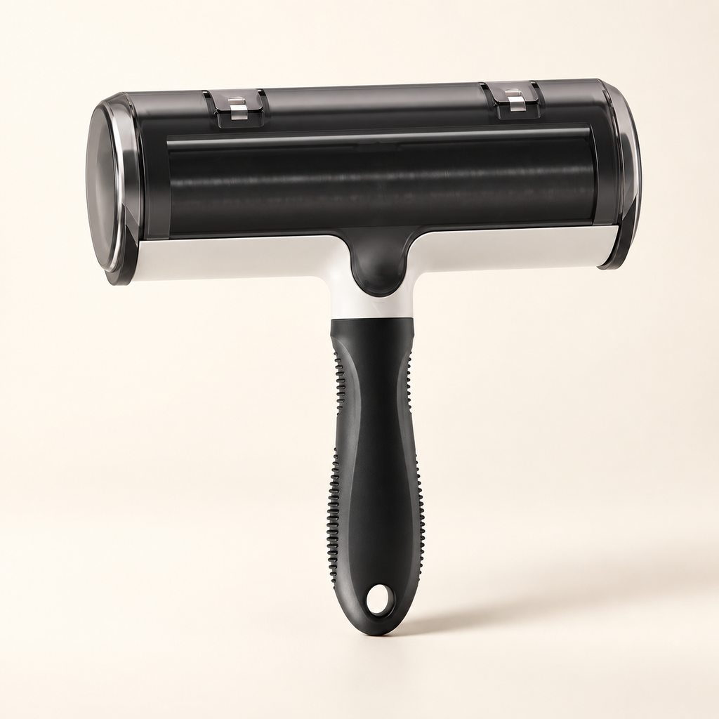 Black and white reusable pet hair removal roller on a warm ivory background.