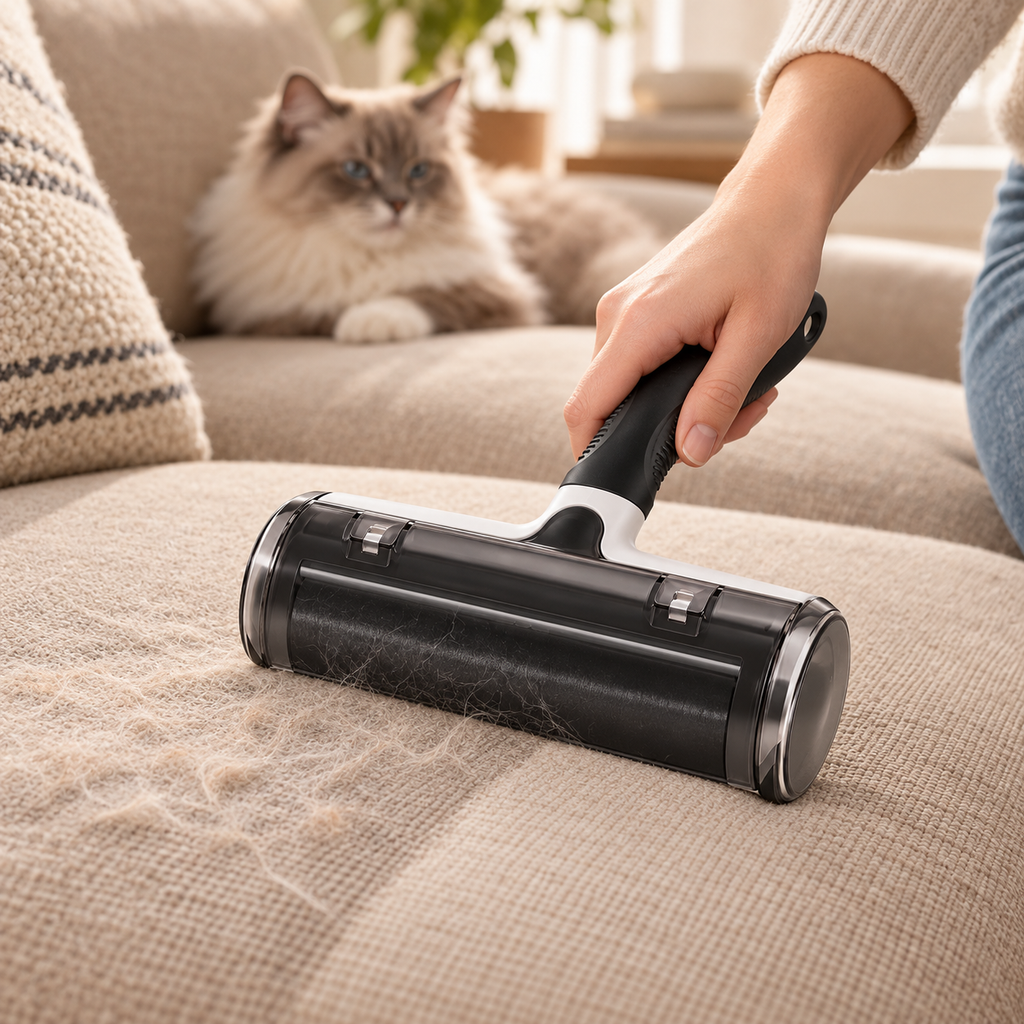 Reusable pet hair roller collecting loose fur from a beige upholstered sofa.
